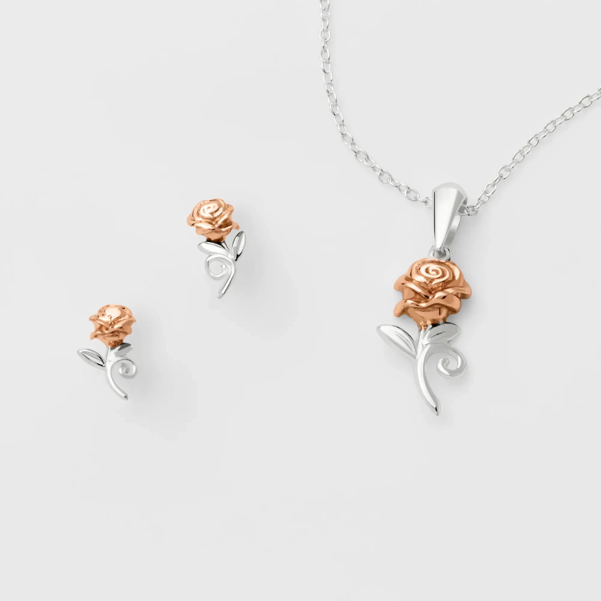 LA BELLE & LA BETE - Rose - Set Collier en Argent + Clous d'Oreille bems