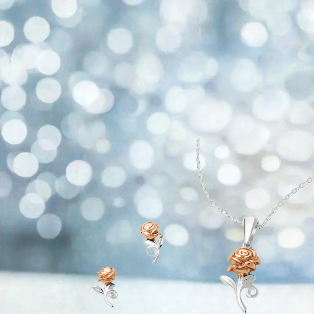 LA BELLE & LA BETE - Rose - Set Collier en Argent + Clous d'Oreille bems